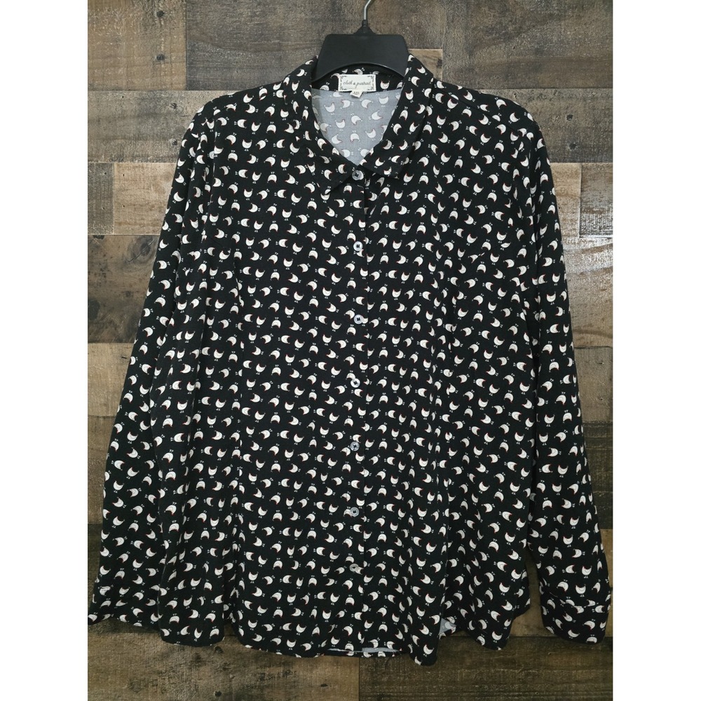 Cloth & Portrait Button Down Rooster Print Top Women XXL Rayon Cottagecore Boho - Picture 2 of 5